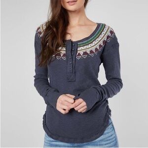 WE THE FREE Fair Isle Boho Embroidered Thermal Longsleeve Top